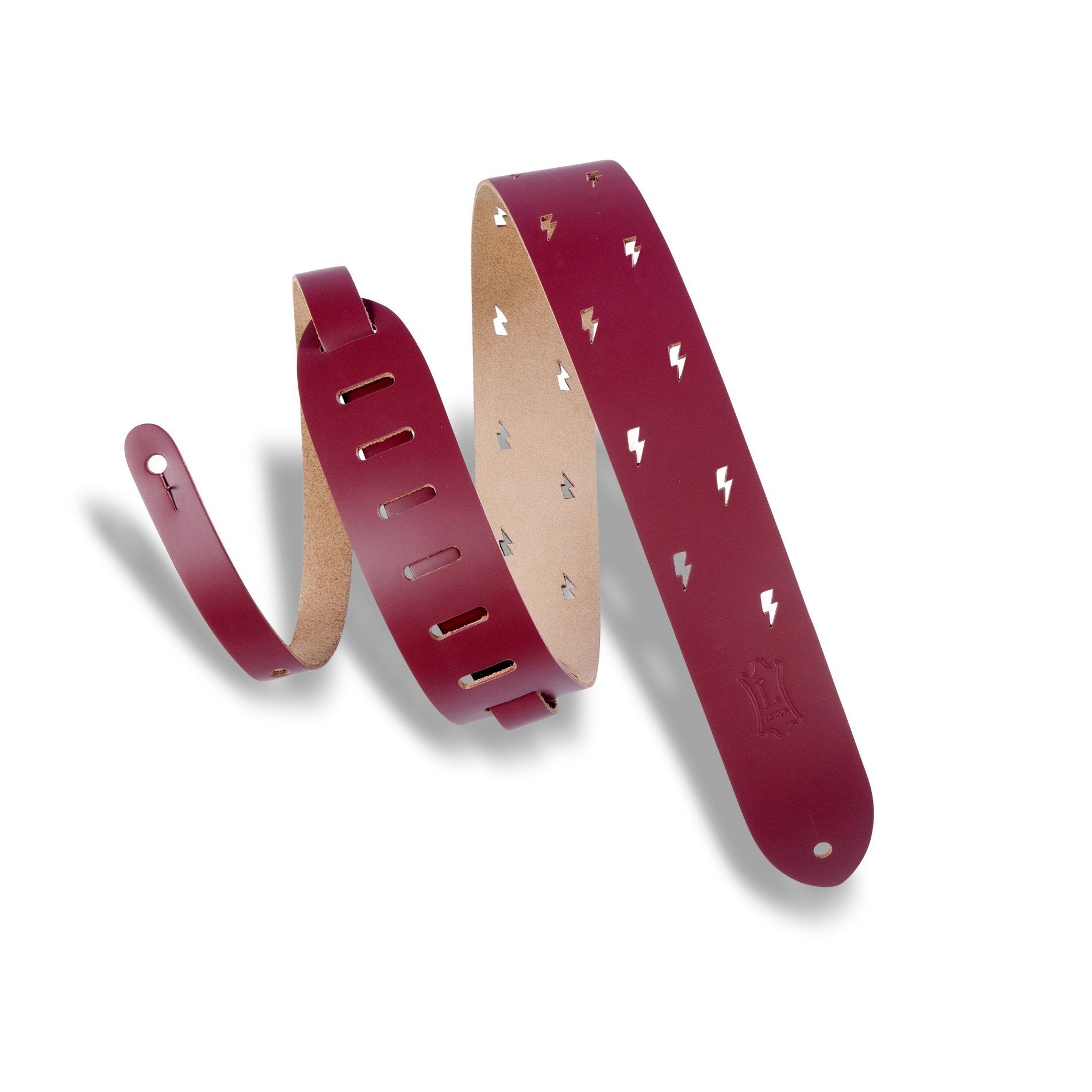 Levy's Red 2-Inch Adjustable Chrome-Tan Leather Guitar Strap with Lightning Pattern