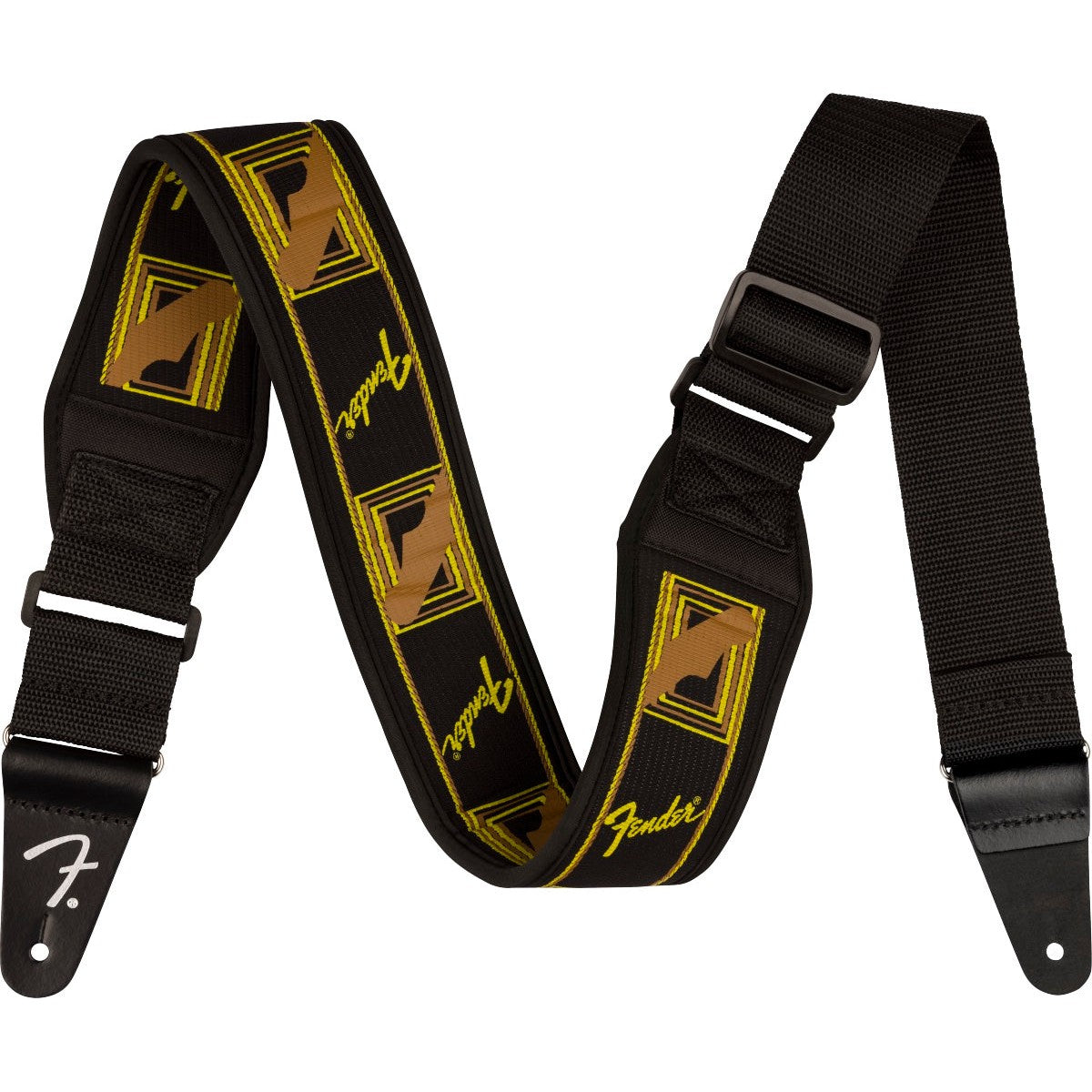 Fender Comfortable Neoprene Monogram Guitar Strap in Black, Yellow & Brown