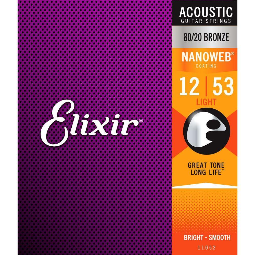 Elixir 11052 Nanoweb 80/20 Bronze Coated Acoustic Guitar Strings - Light 12 - 53 (Great Value!)