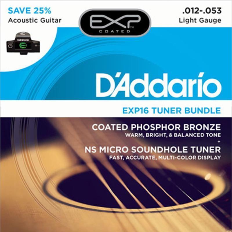 D'Addario EXP16 Coated Phosphor Bronze Acoustic Guitar Strings Light 12-53 + Free CT-15 Soundhole Tuner