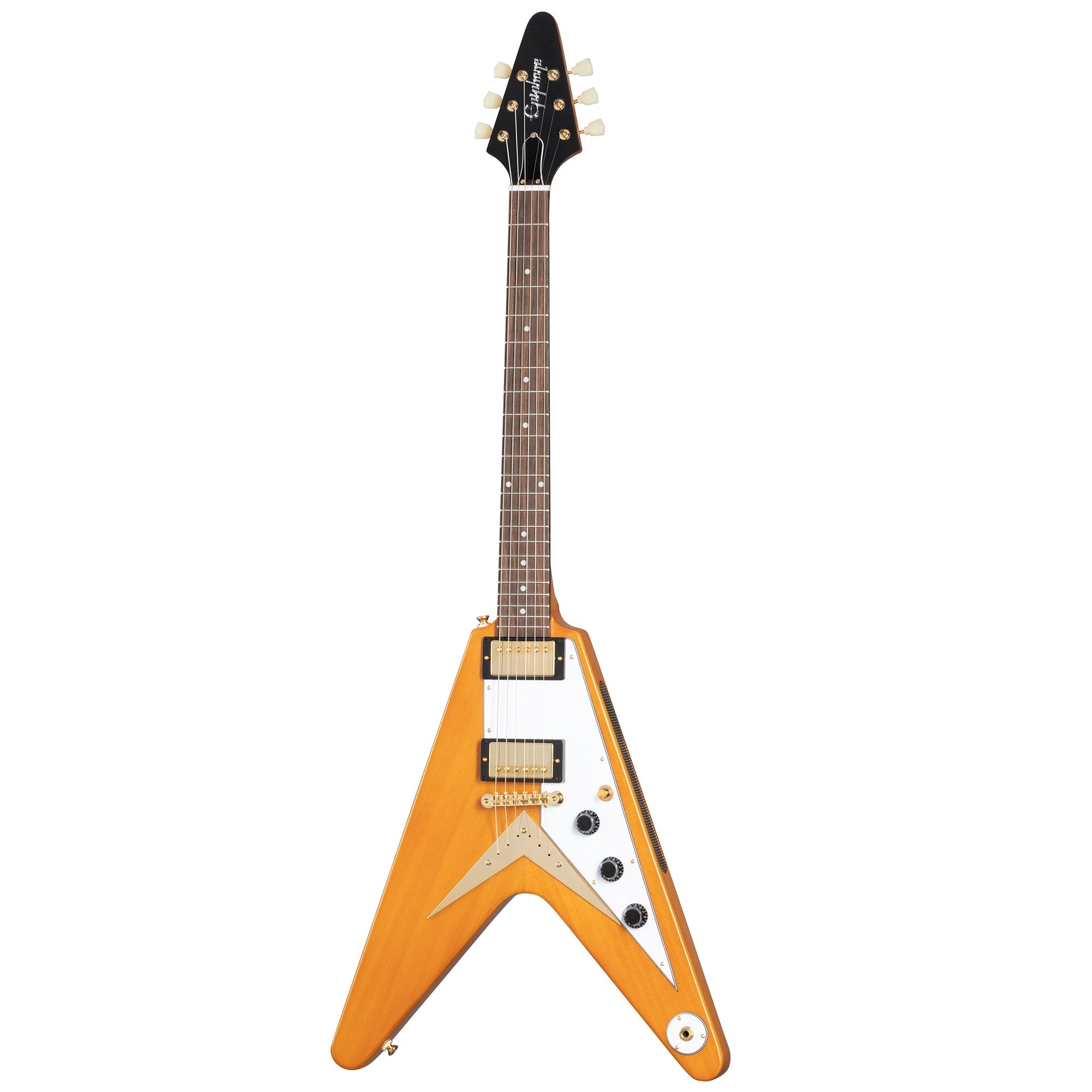 Hot Deal! Epiphone Korina Flying V Electric Guitar with Hardshell Case - Aged Natural & White Pickguard