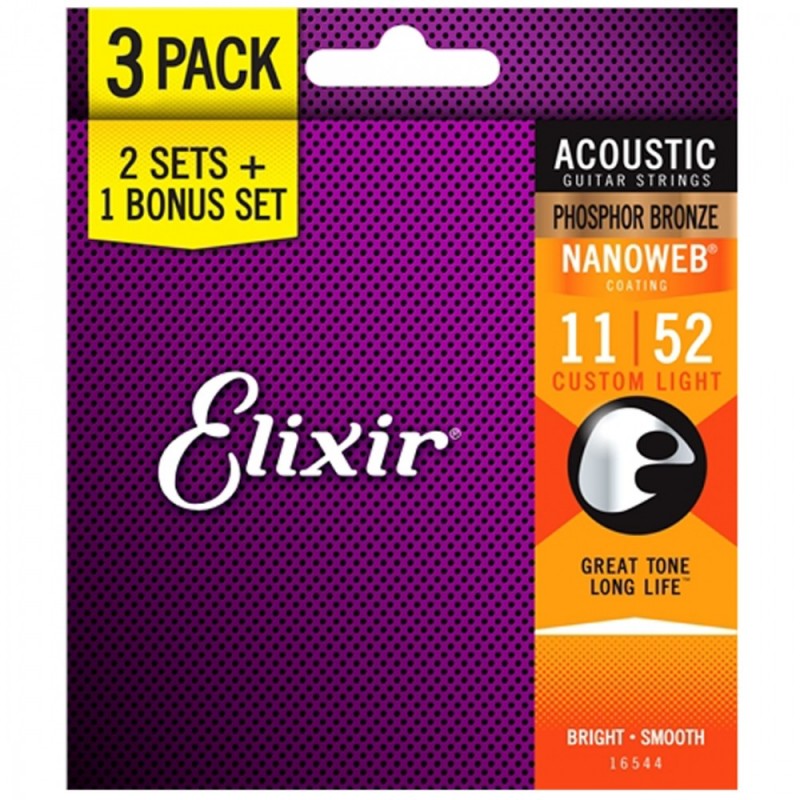 Elixir 16544 Nanoweb Coated Acoustic Guitar Strings - Custom Light 11 - 52, Promotional 3 - Pack