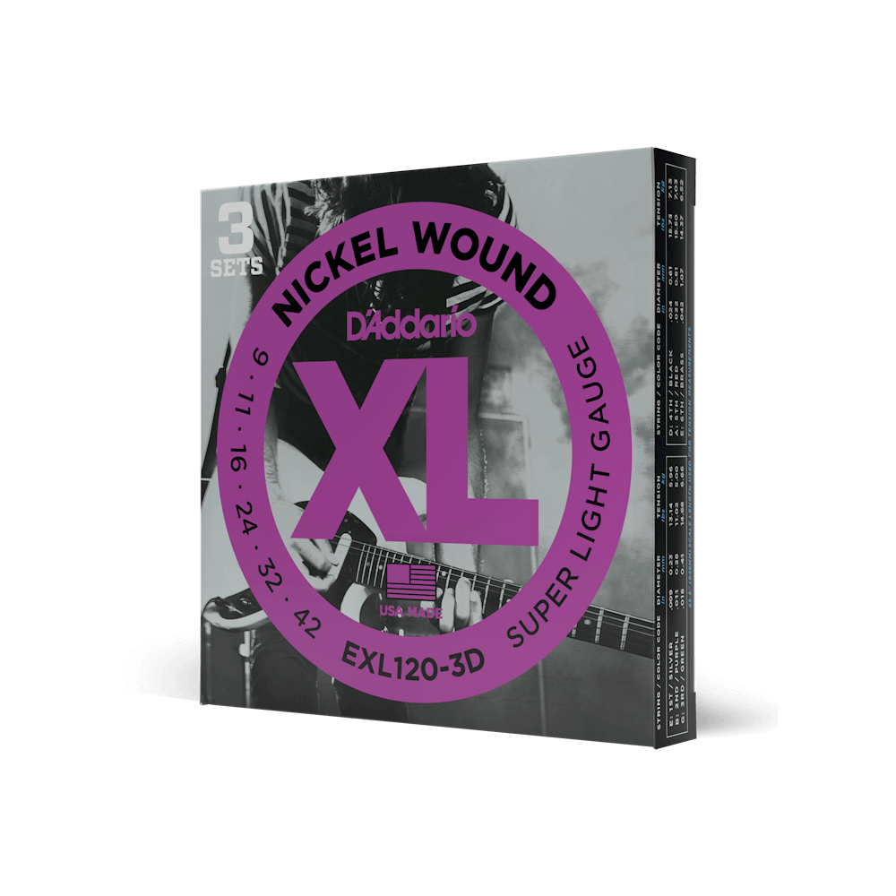 D'Addario EXL120-3D XL Nickel Wound Electric Guitar Strings 3-Pack - Super Light 9-42, Great Value!