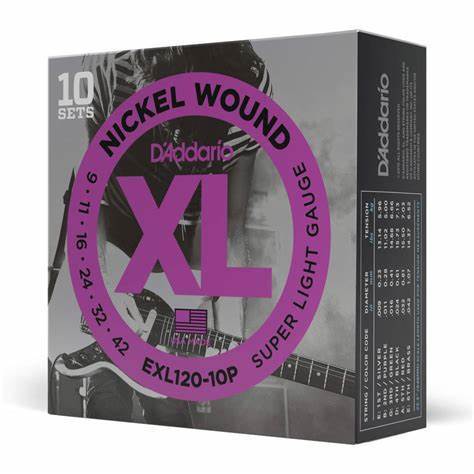 D'Addario EXL120 XL Nickel Wound Electric Guitar Strings - Super Light 9-42, 10-Pack Deal