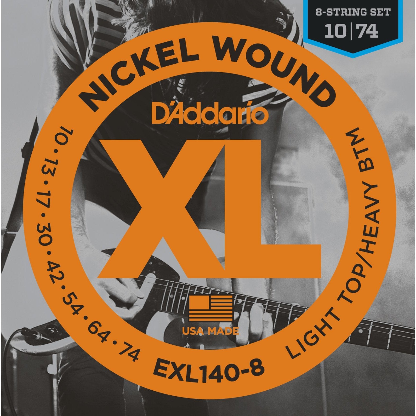 D'Addario EXL140-8 XL 8-String Electric Guitar Strings - Nickel Wound, Light Top/Heavy Bottom 10-74, Ideal for Various Styles