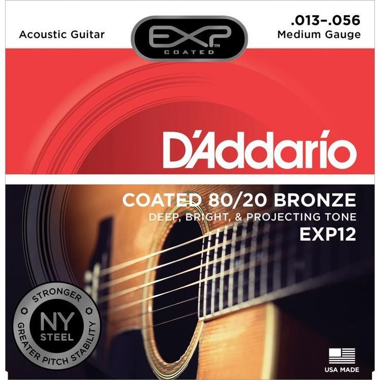 D'Addario EXP12 Coated 80/20 Bronze Acoustic Guitar Strings - Medium 13-56 (Enhanced Durability!)