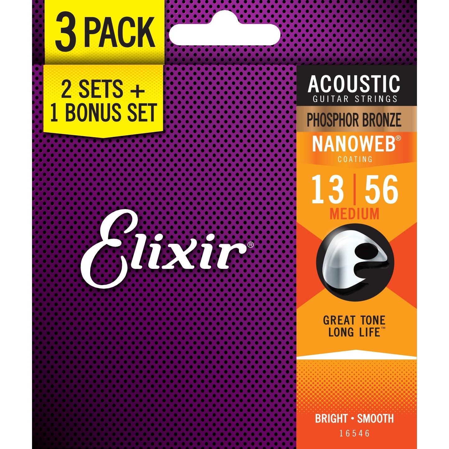 Elixir 16546 Medium 13 - 56 3 - Pack Nanoweb - Coated Phosphor Bronze Acoustic Guitar Strings
