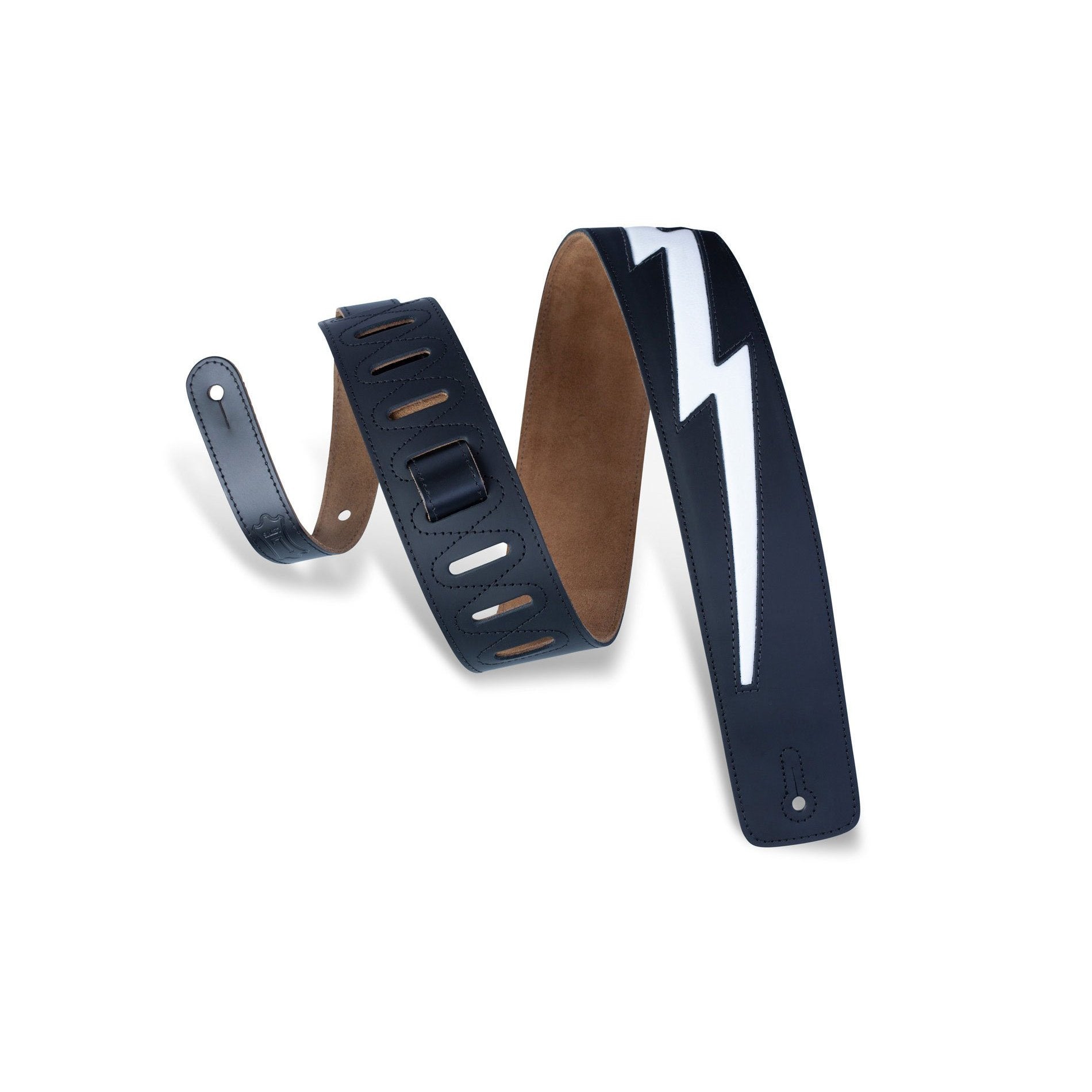 Levy's DM2-BLK 2-1/2 Leather Guitar Strap - Black with White Lightning - Great Deal