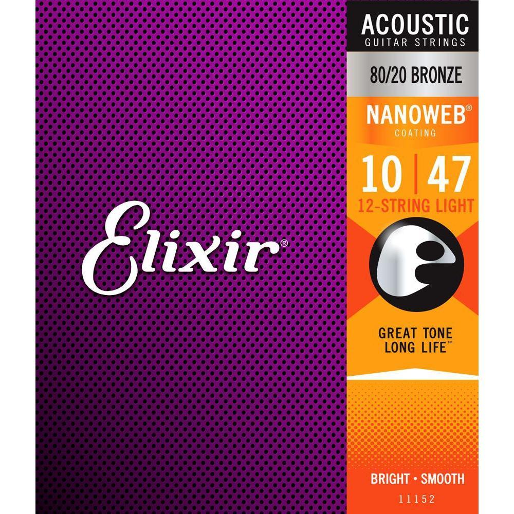 Light 10-47 12-String Elixir 11152 Nanoweb 80/20 Bronze Coated Acoustic Guitar Strings