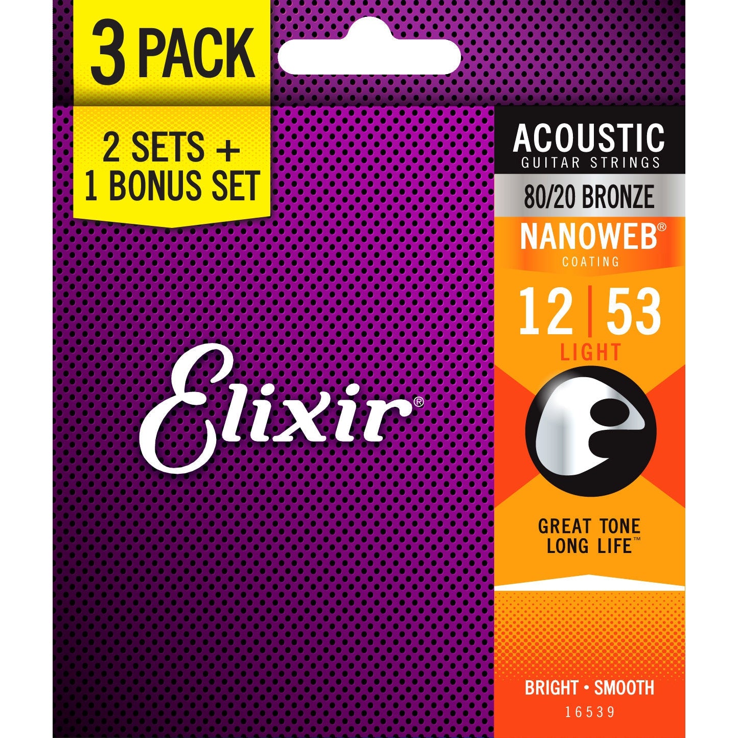 Elixir 3-Pack 80/20 Bronze Coated Light 12-53 Acoustic Guitar Strings - Great Deal!