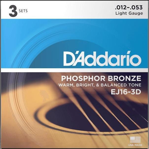 Hot Deal! D'Addario EJ16 Phosphor Bronze Acoustic Guitar Strings Light 3-Pack 12-53
