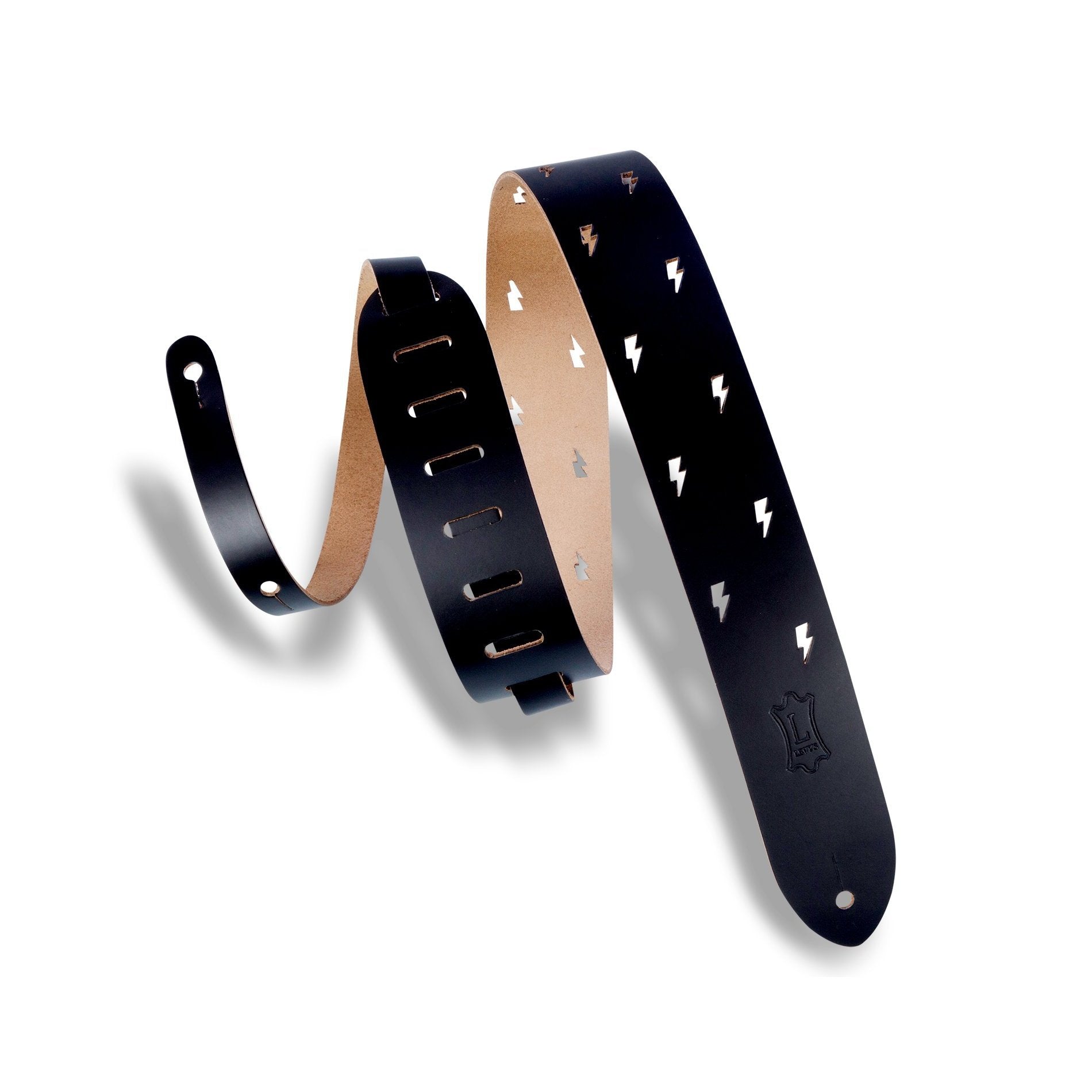 Levy's 2-Inch Adjustable Black Chrome-Tan Leather Guitar Strap with Lightning Bolt Pattern
