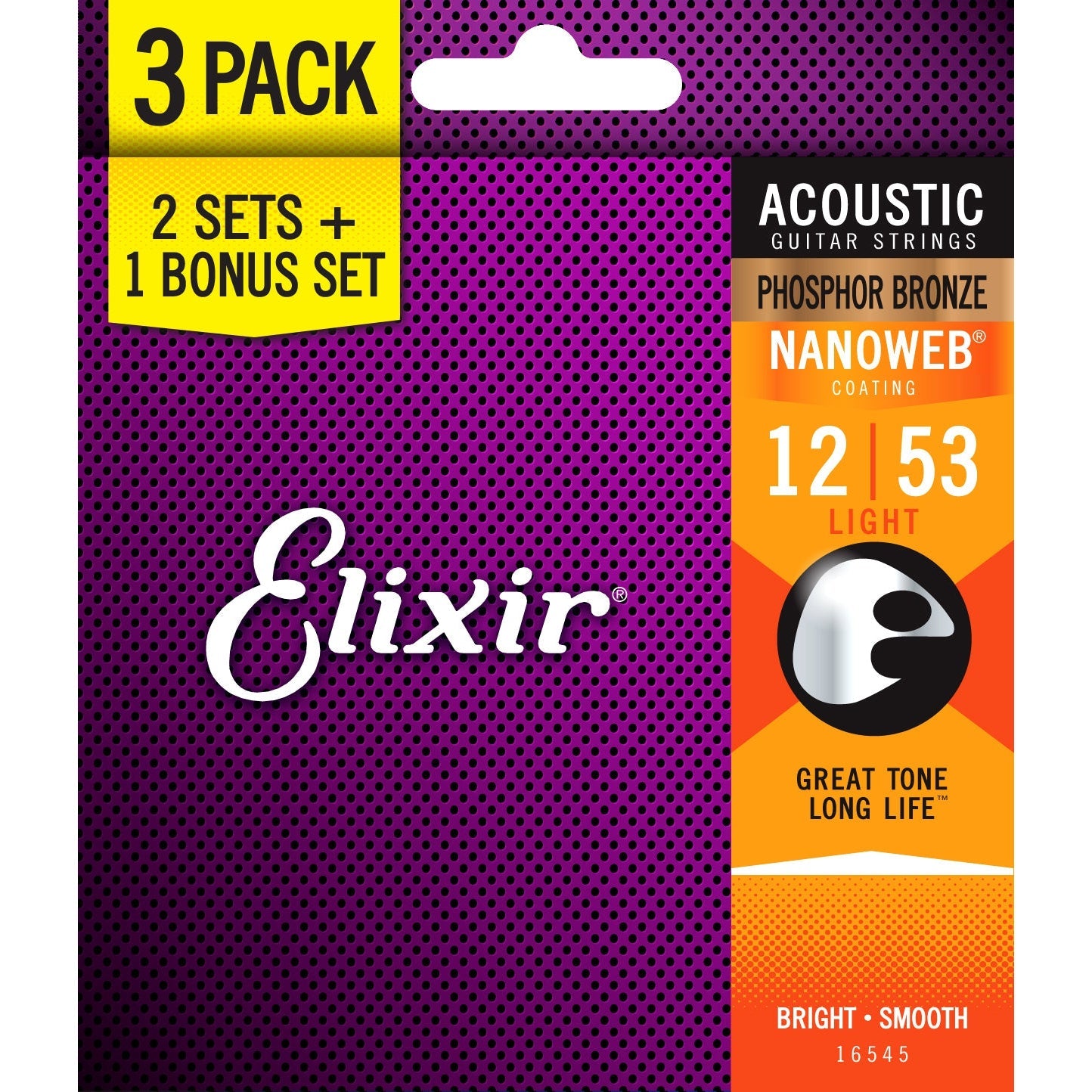 Elixir 16545 Nanoweb Coated Phosphor Bronze Acoustic Guitar Strings Light 12 - 53 3 - Pack: More for Less!