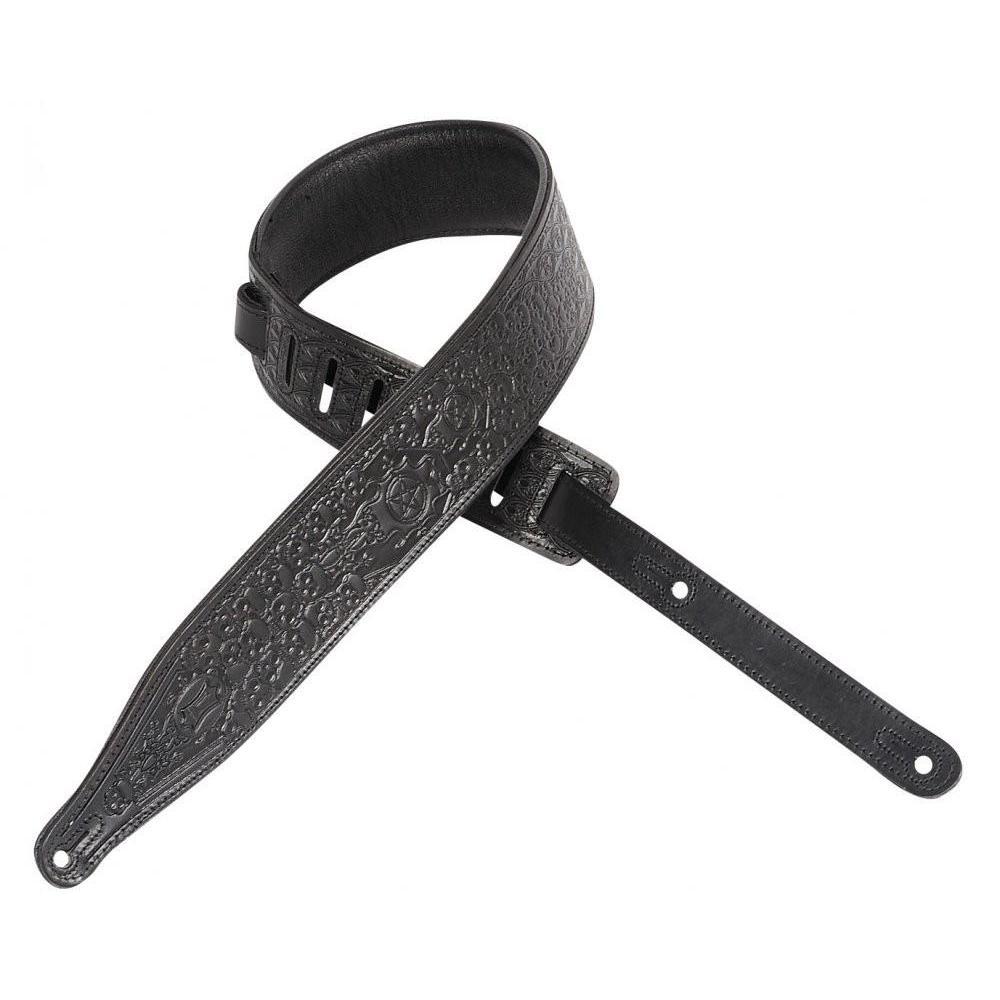 Hot Deal! Levy's 2-1/2 Inch Black Leather Guitar Strap with Skull Carving - M17T04-BLK